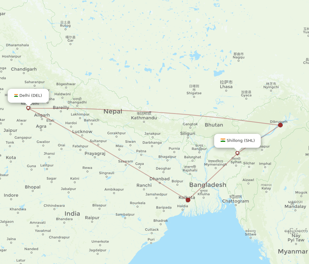 SHL-DEL flight routes