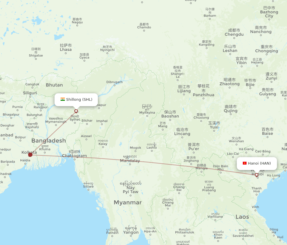 SHL-HAN flight routes