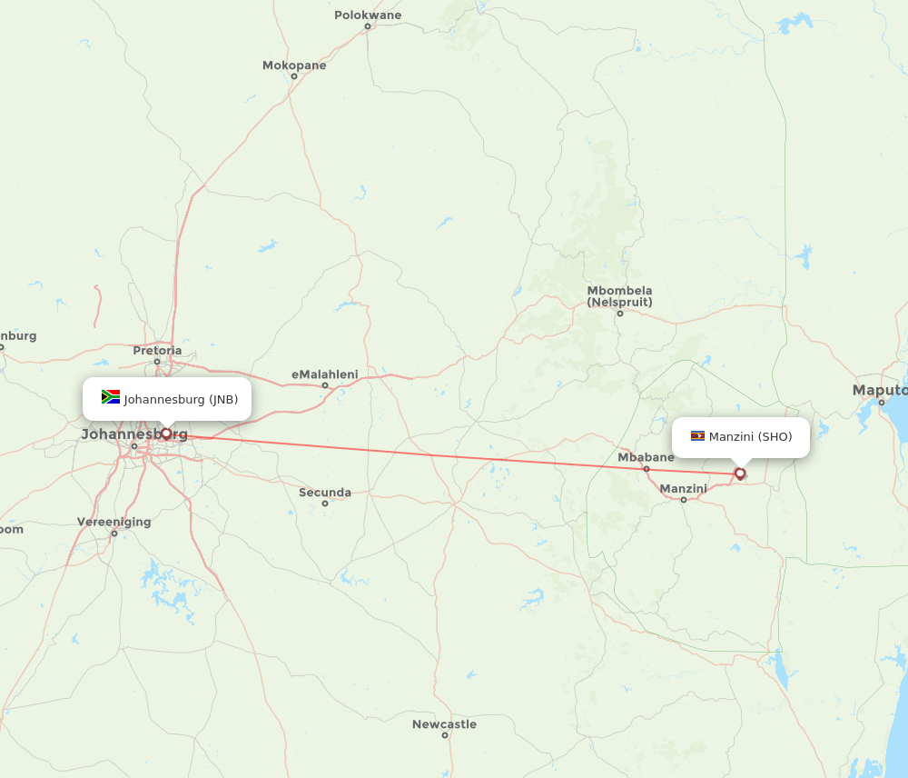 SHO to JNB flights and routes map