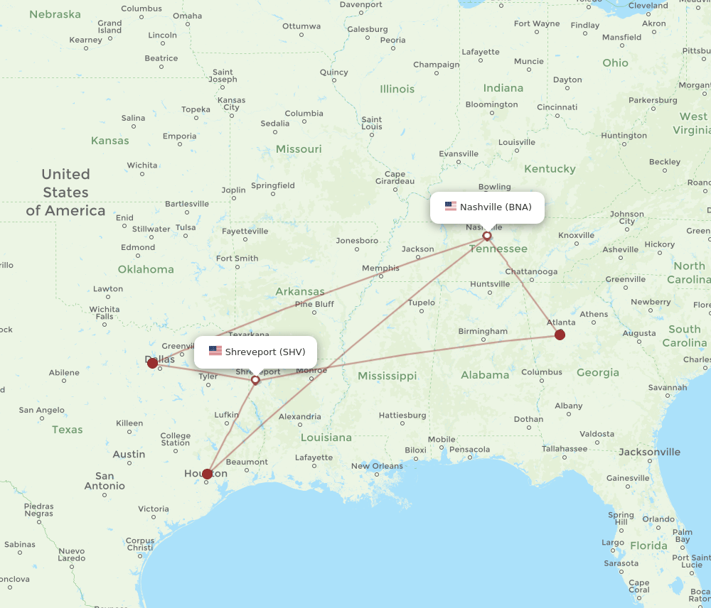 SHV to BNA flights and routes map