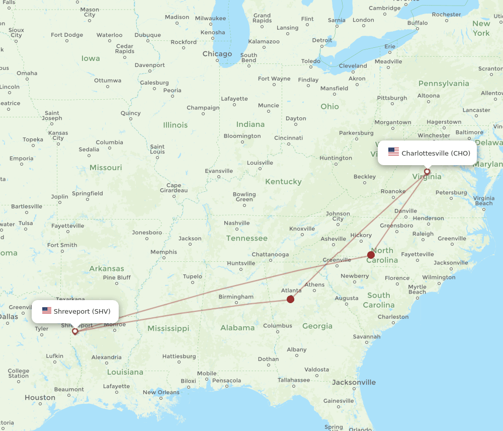 SHV to CHO flights and routes map