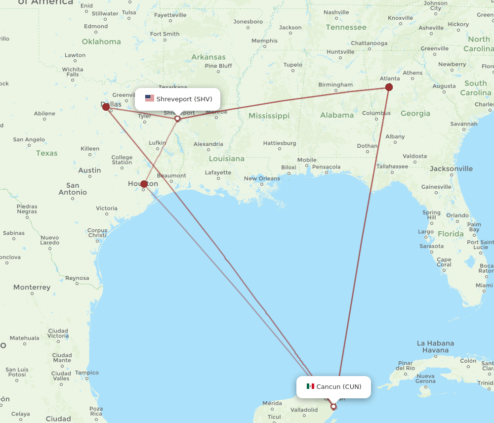 SHV-CUN flight routes