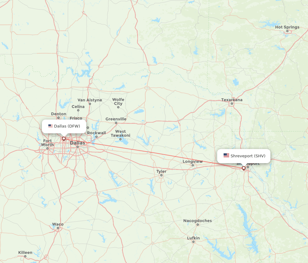 Shreveport - Dallas route map and flight paths