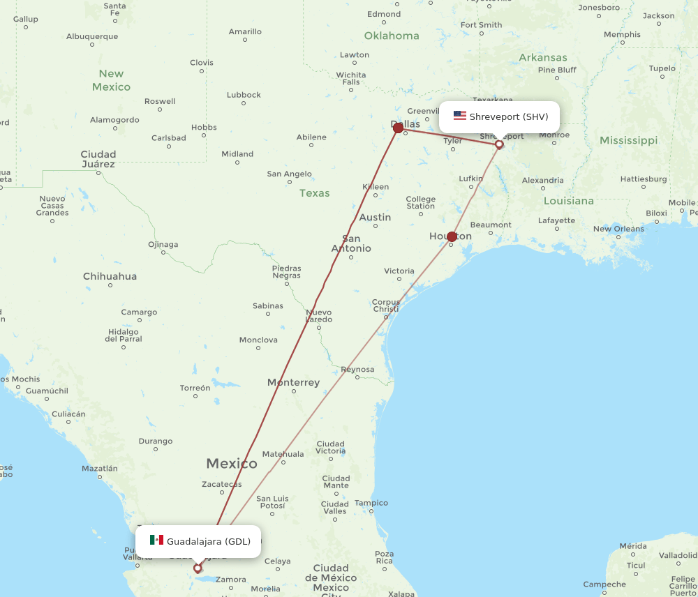 SHV-GDL flight routes