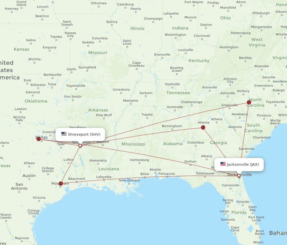 SHV-JAX flight routes