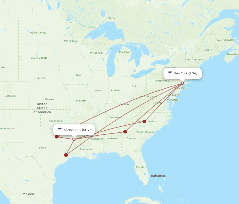 SHV to LGA flights and routes map