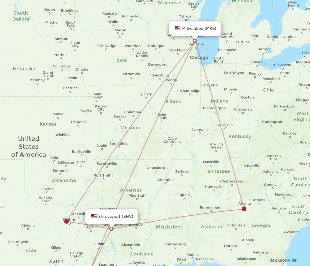 SHV to MKE flights and routes map