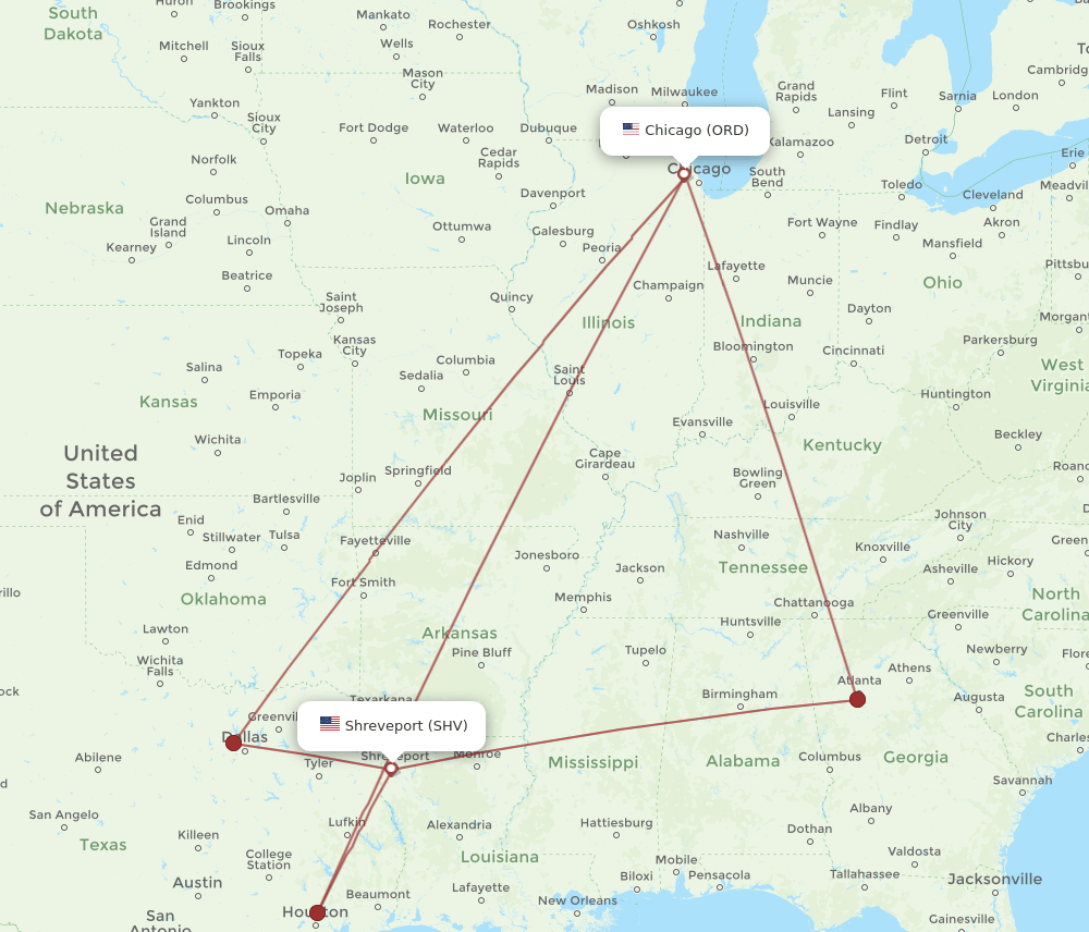 SHV to ORD flights and routes map