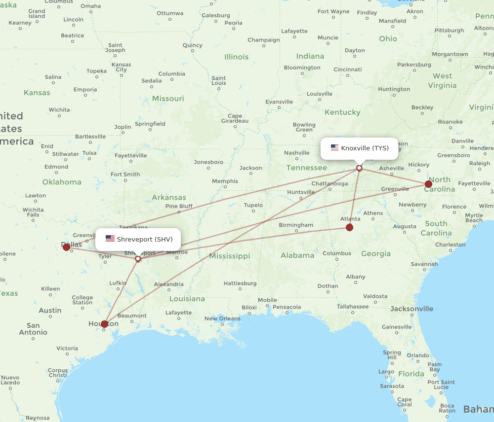 SHV-TYS flight routes