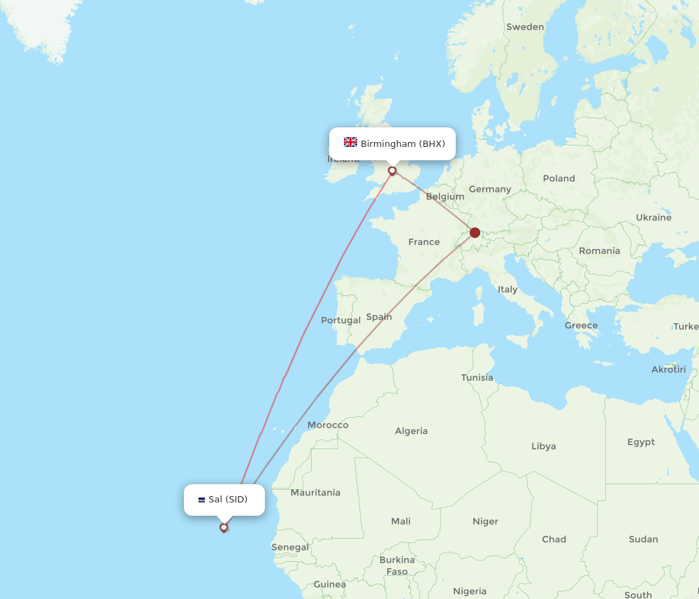 Sal - Birmingham route map and flight paths