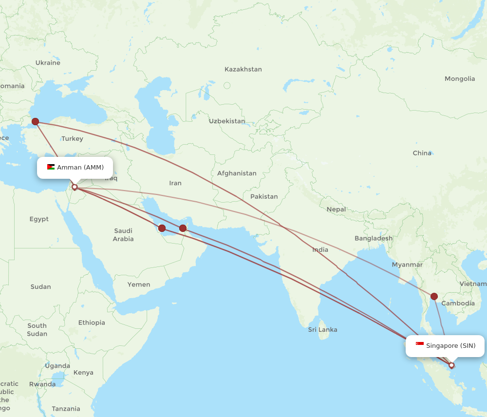 SIN to AMM flights and routes map
