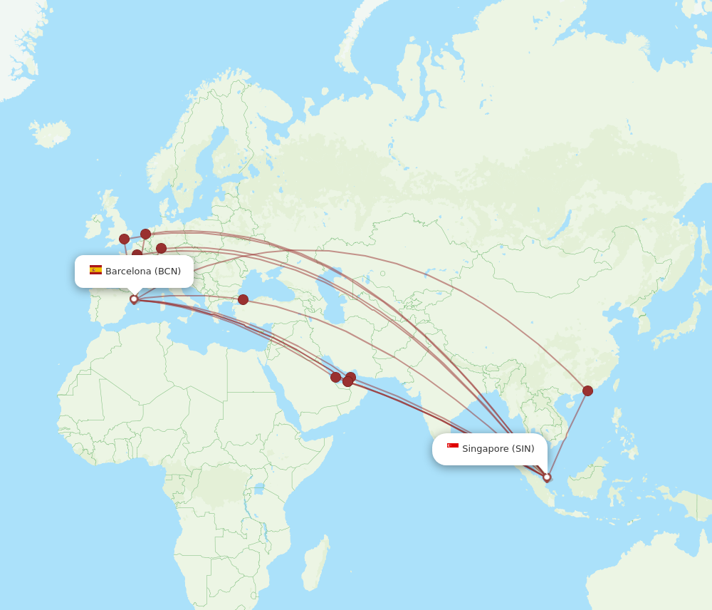 SIN to BCN flights and routes map