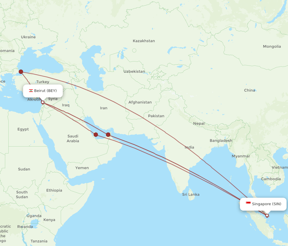 SIN to BEY flights and routes map
