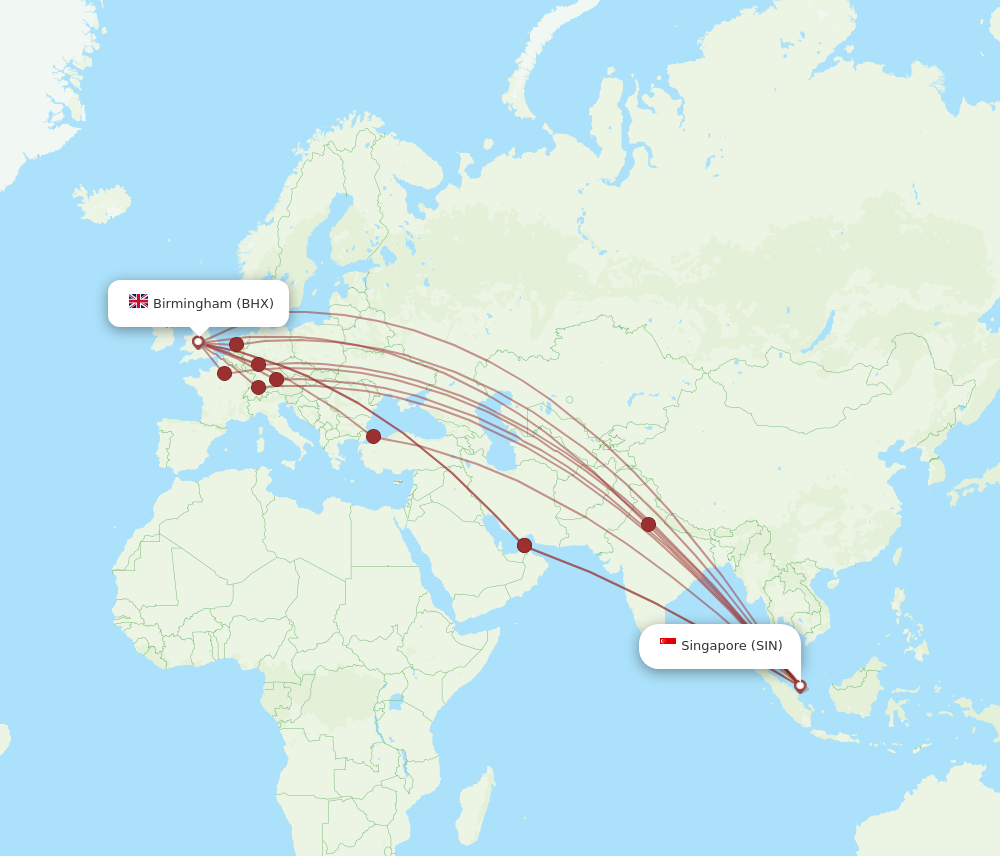 SIN to BHX flights and routes map
