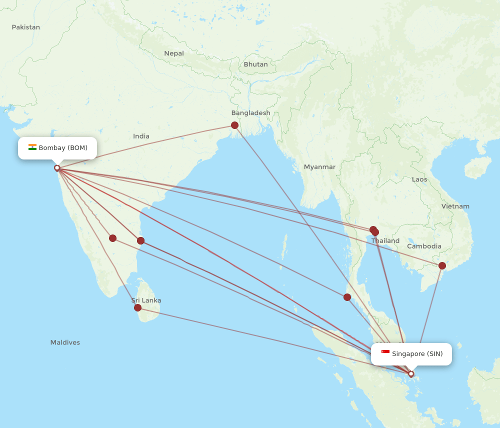 SIN to BOM flights and routes map