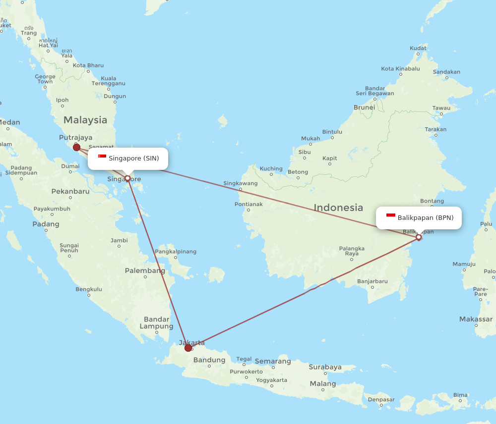 SIN to BPN flights and routes map