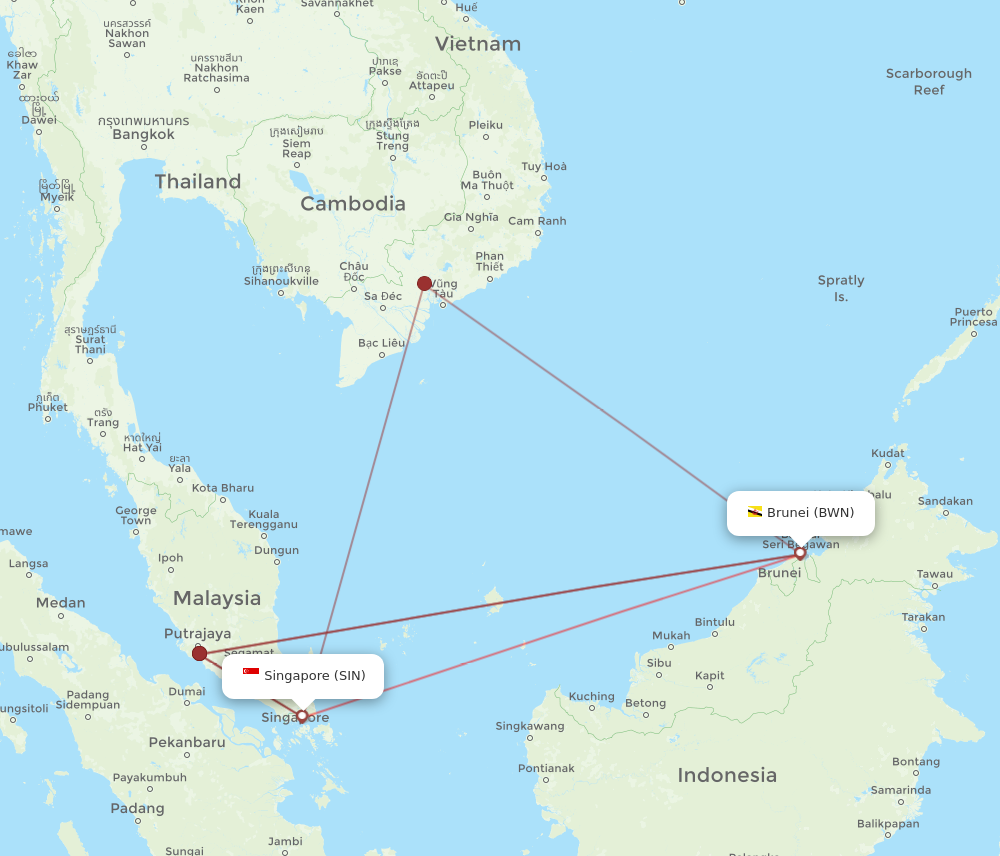 SIN to BWN flights and routes map