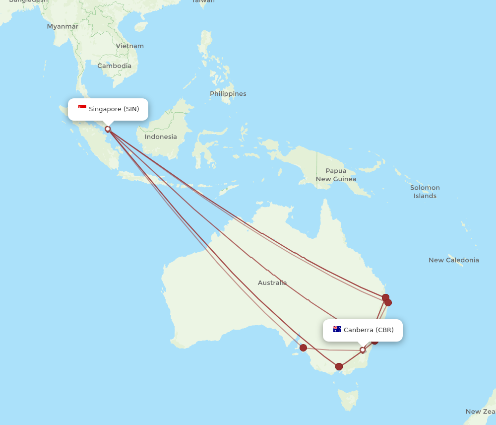 SIN to CBR flights and routes map