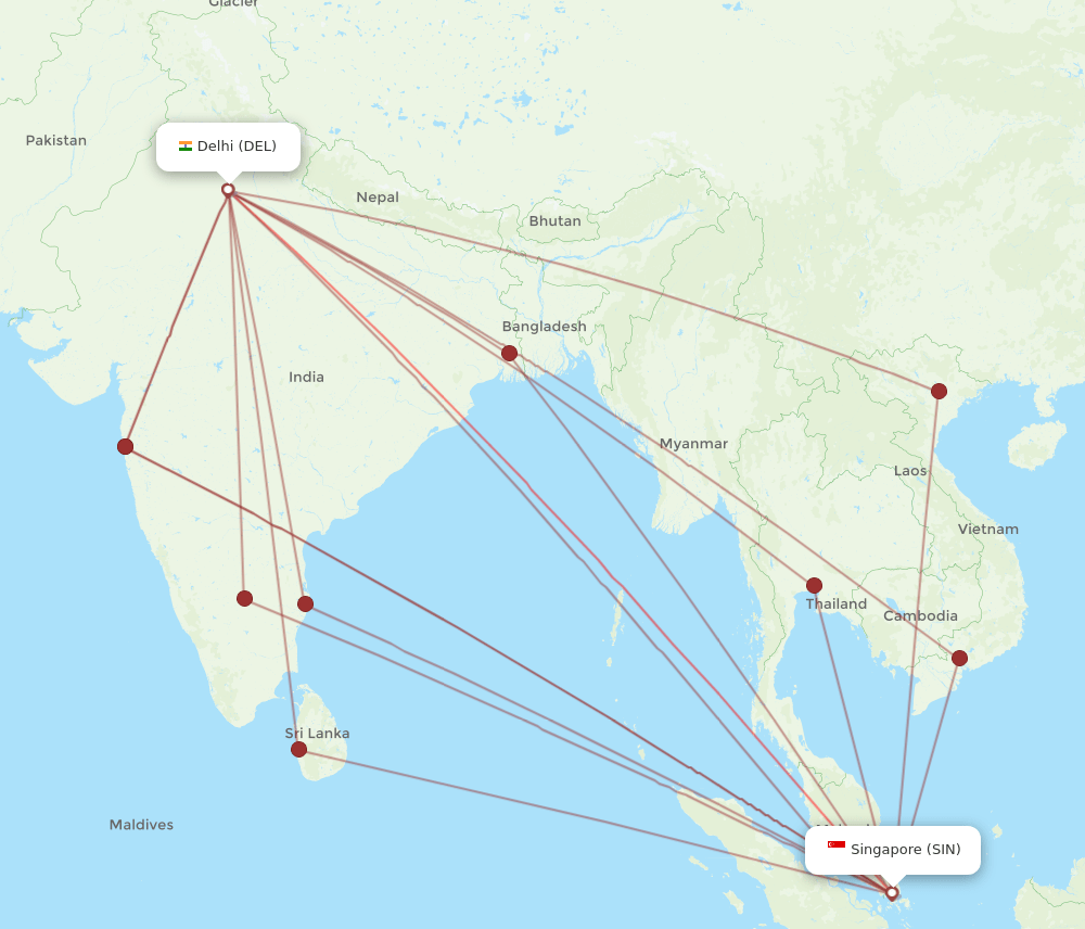 SIN to DEL flights and routes map