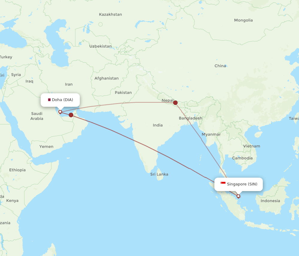 Singapore - Doha route map and flight paths