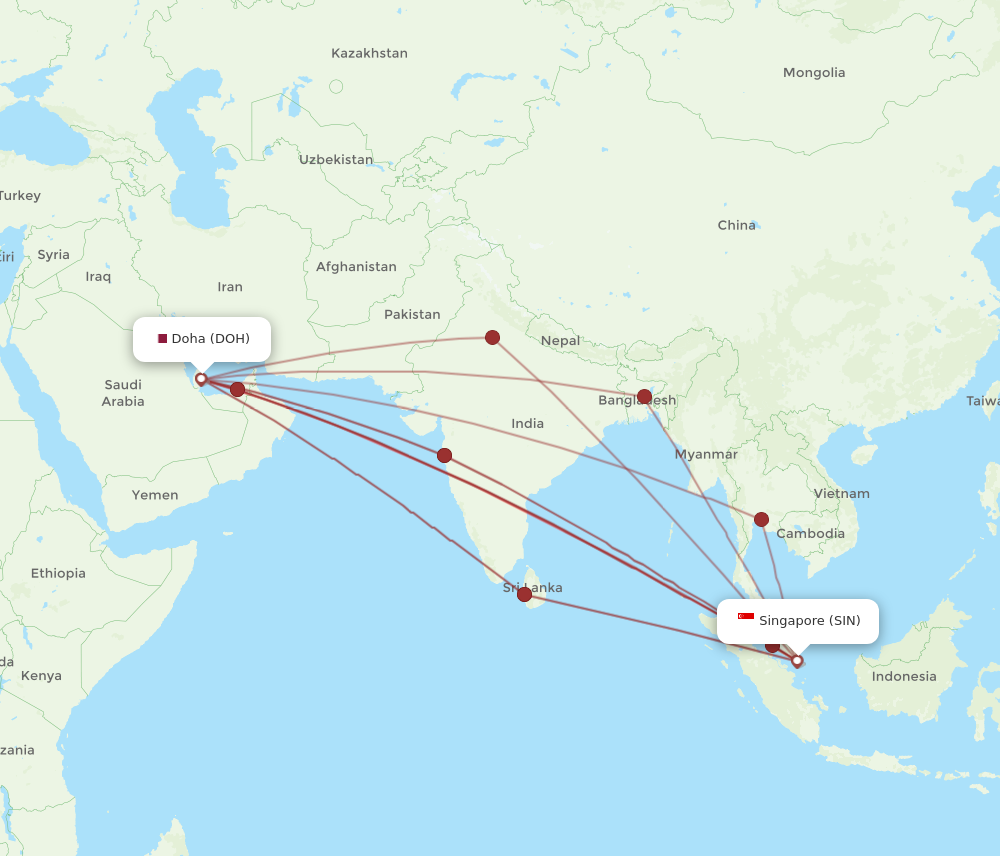 SIN to DOH flights and routes map