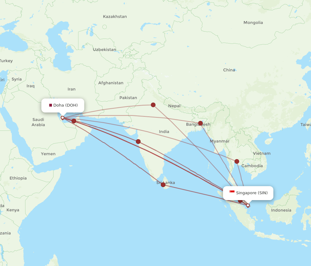 SIN to DOH flights and routes map