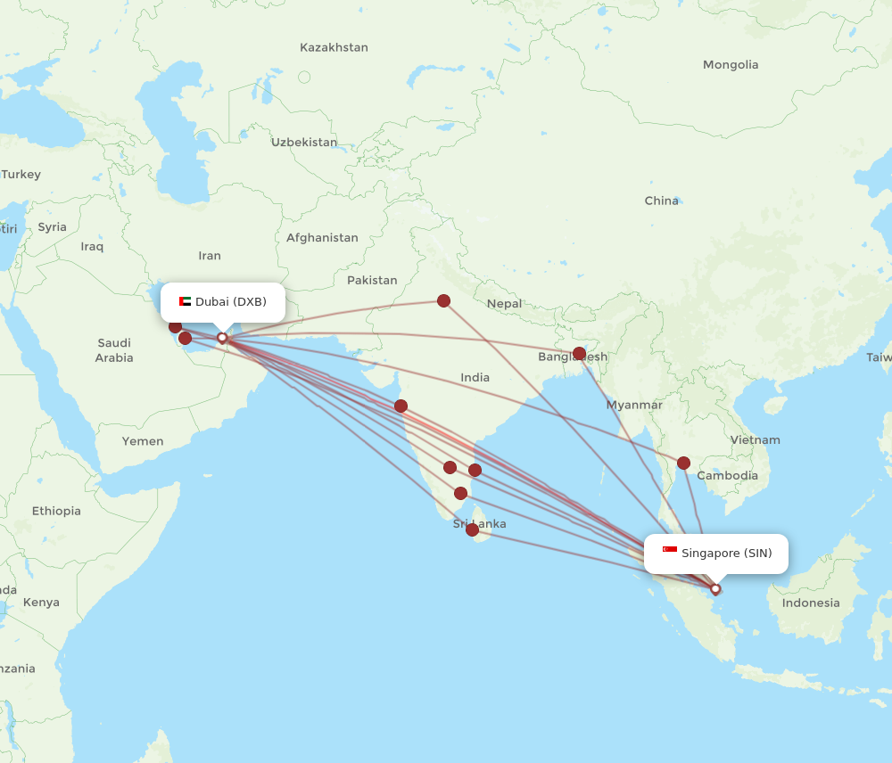 SIN to DXB flights and routes map
