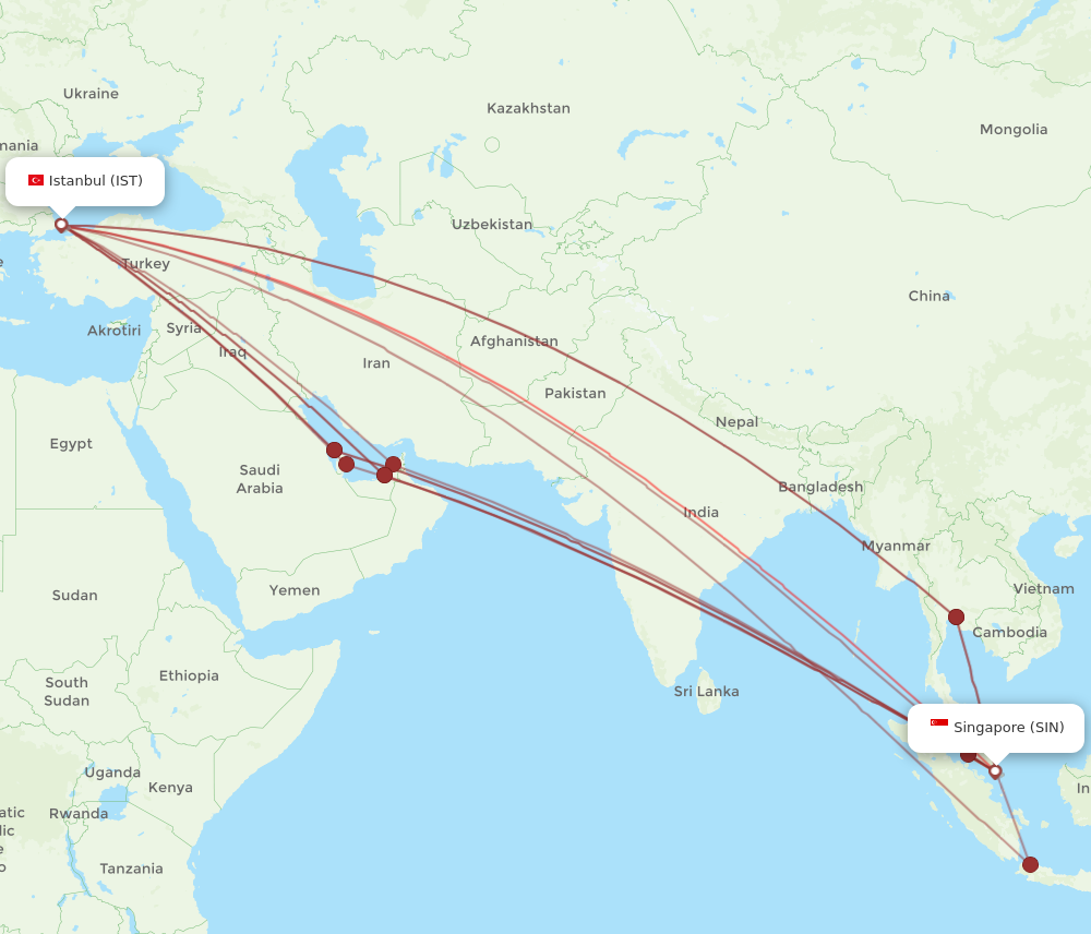 SIN to IST flights and routes map