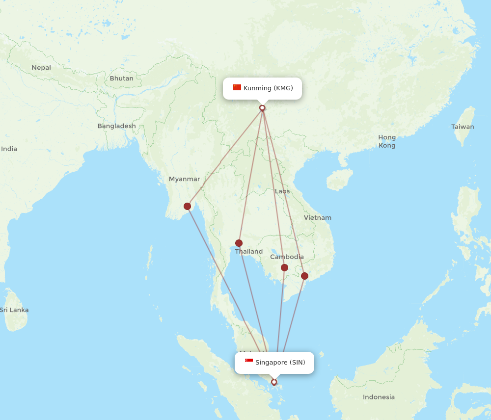 SIN to KMG flights and routes map