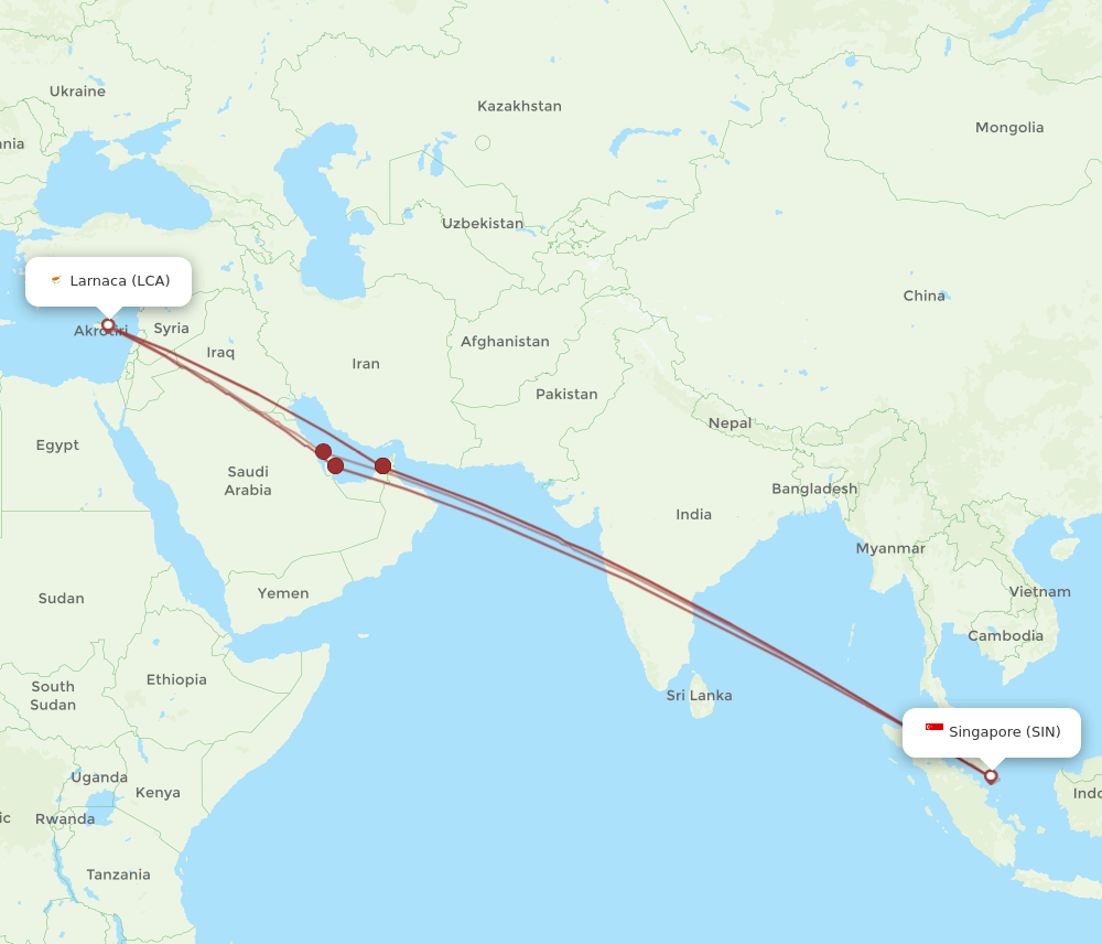 SIN-LCA flight routes