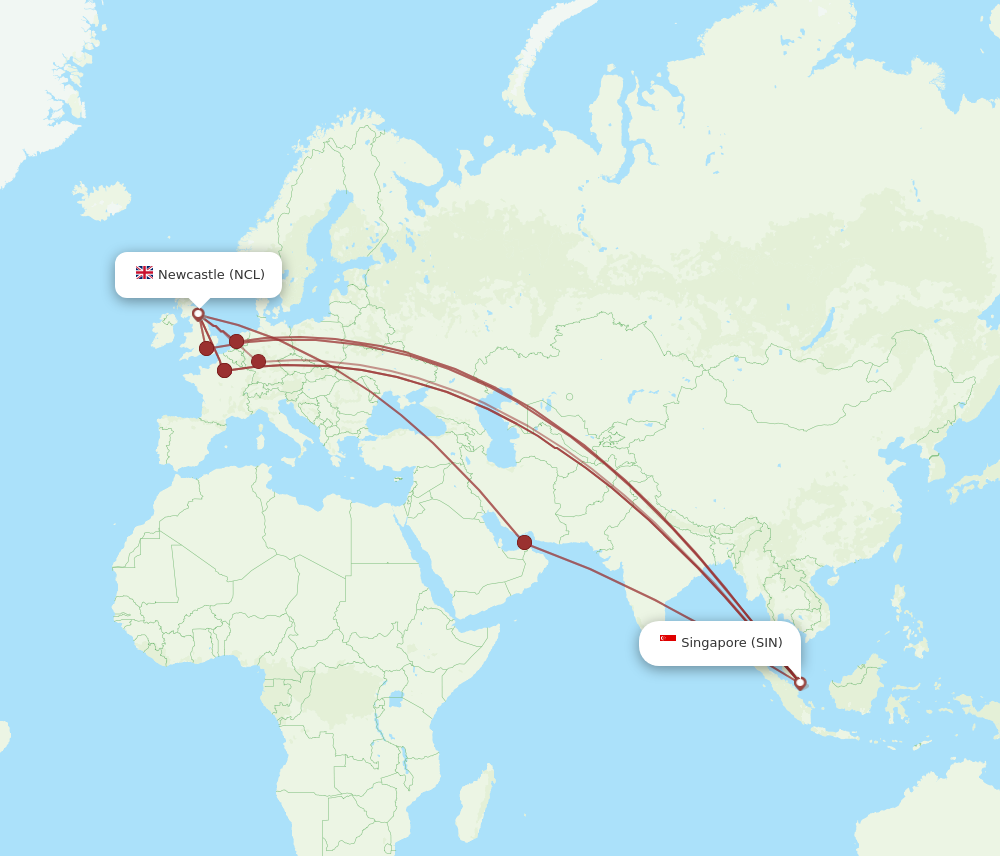 SIN to NCL flights and routes map