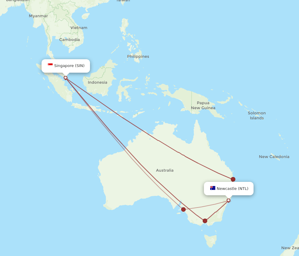 SIN-NTL flight routes