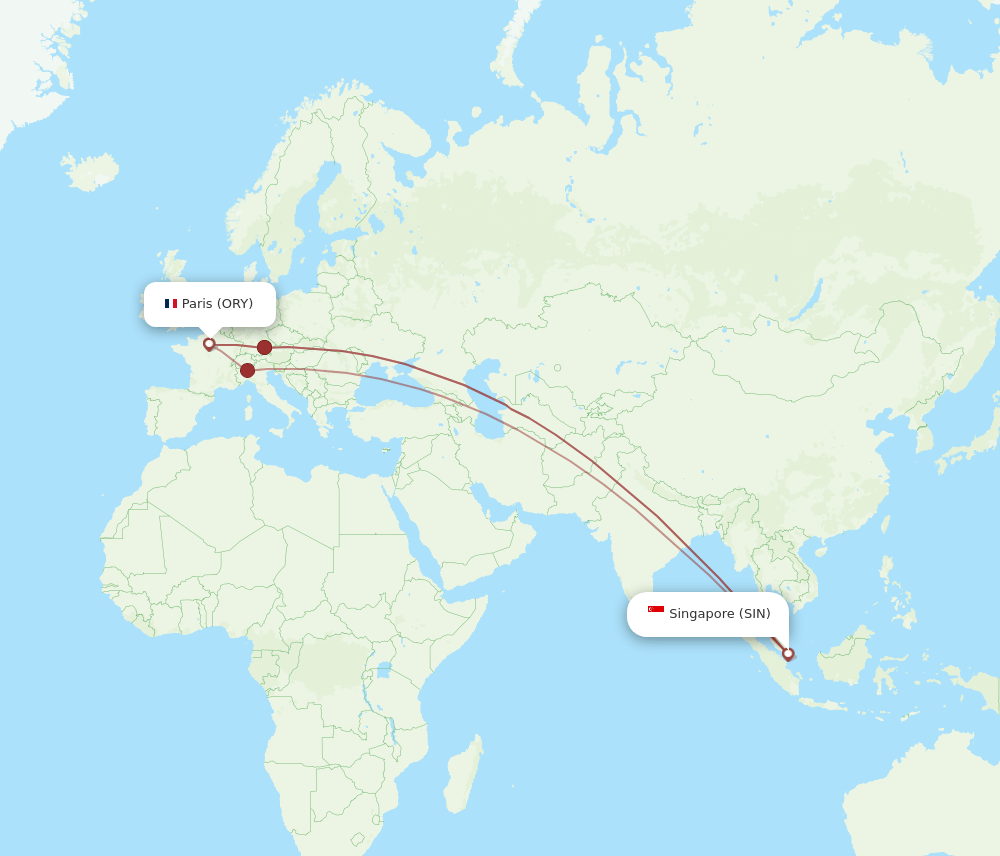 Singapore - Paris route map and flight paths