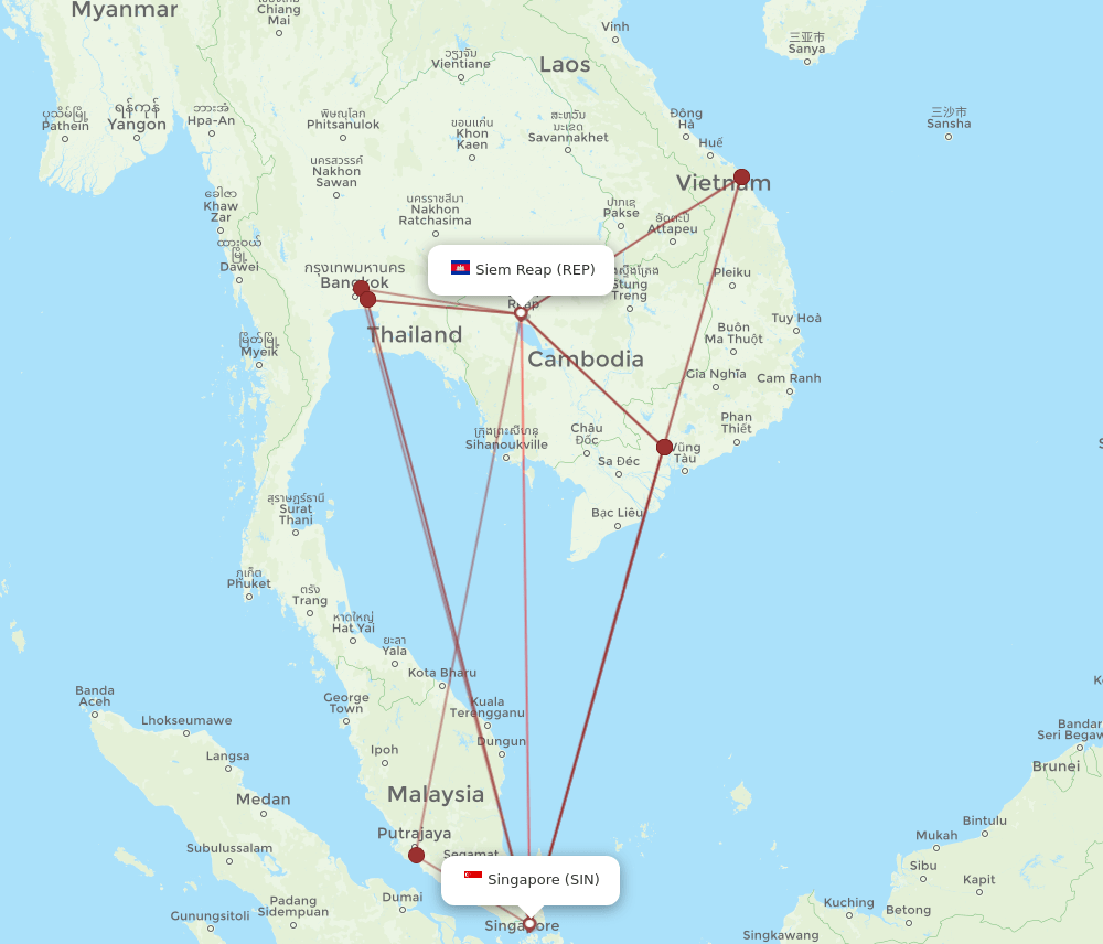 Singapore - Siem Reap route map and flight paths
