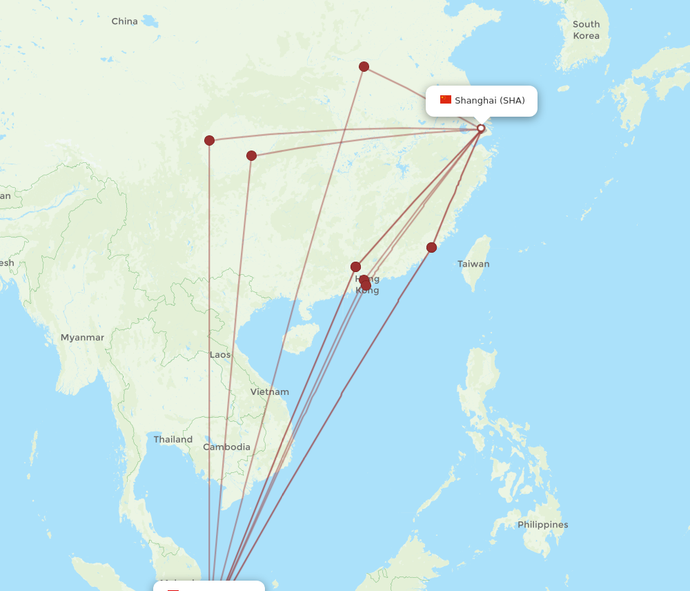 SIN to SHA flights and routes map
