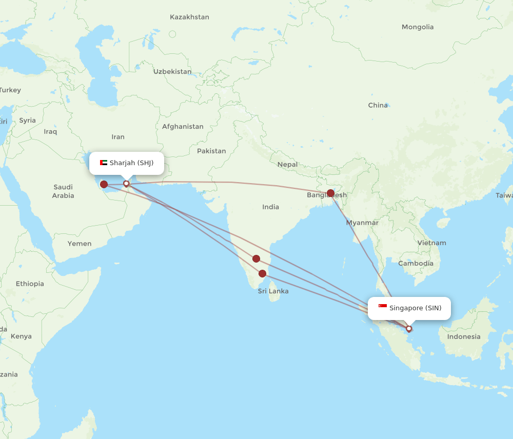 SIN to SHJ flights and routes map