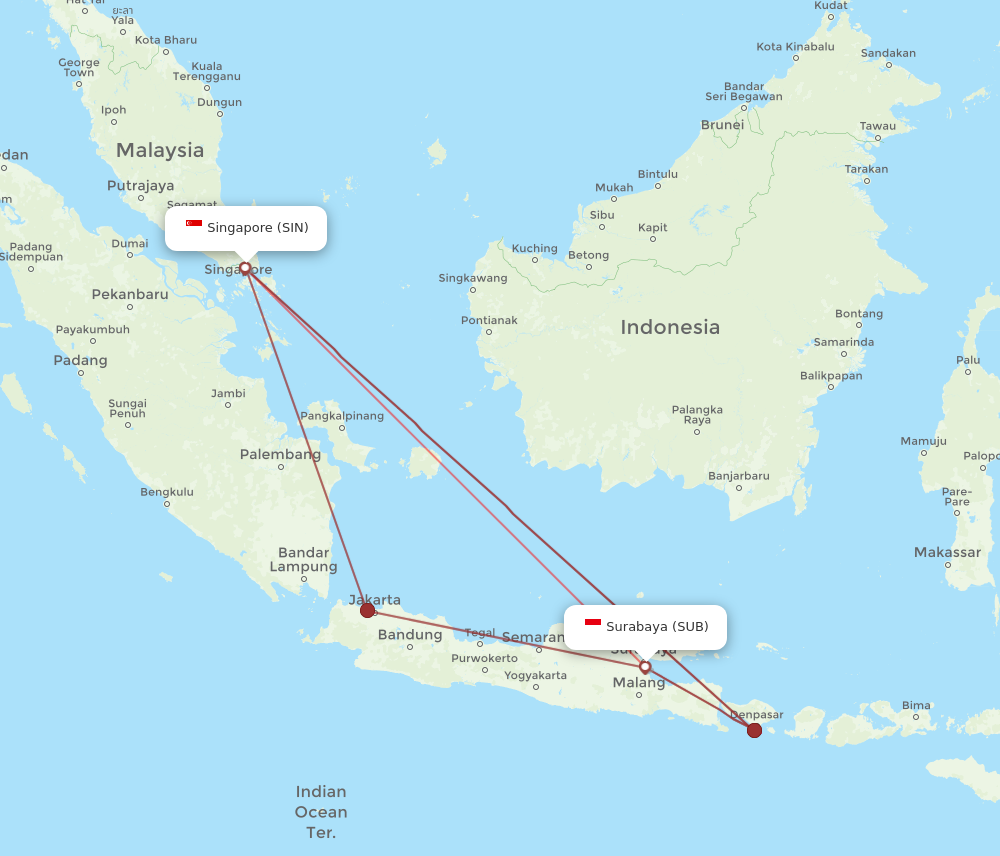 SIN to SUB flights and routes map