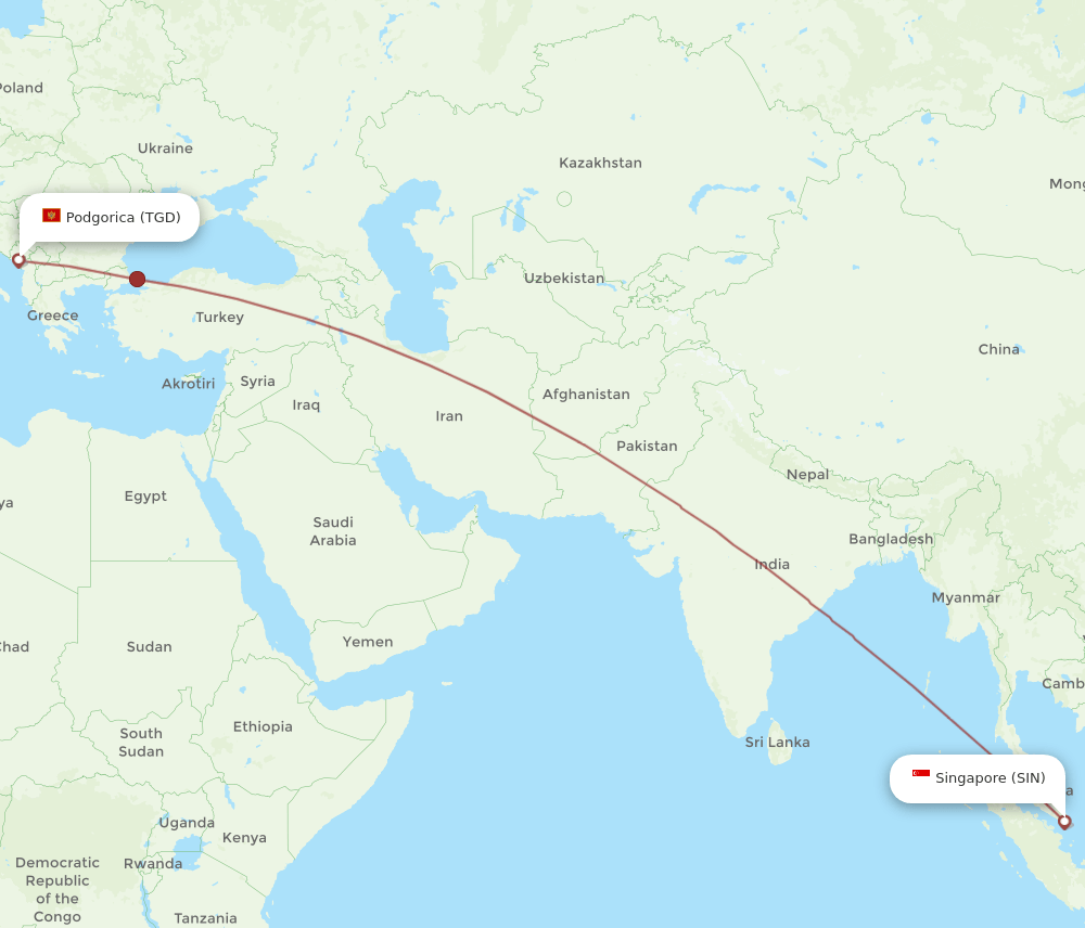 SIN-TGD flight routes