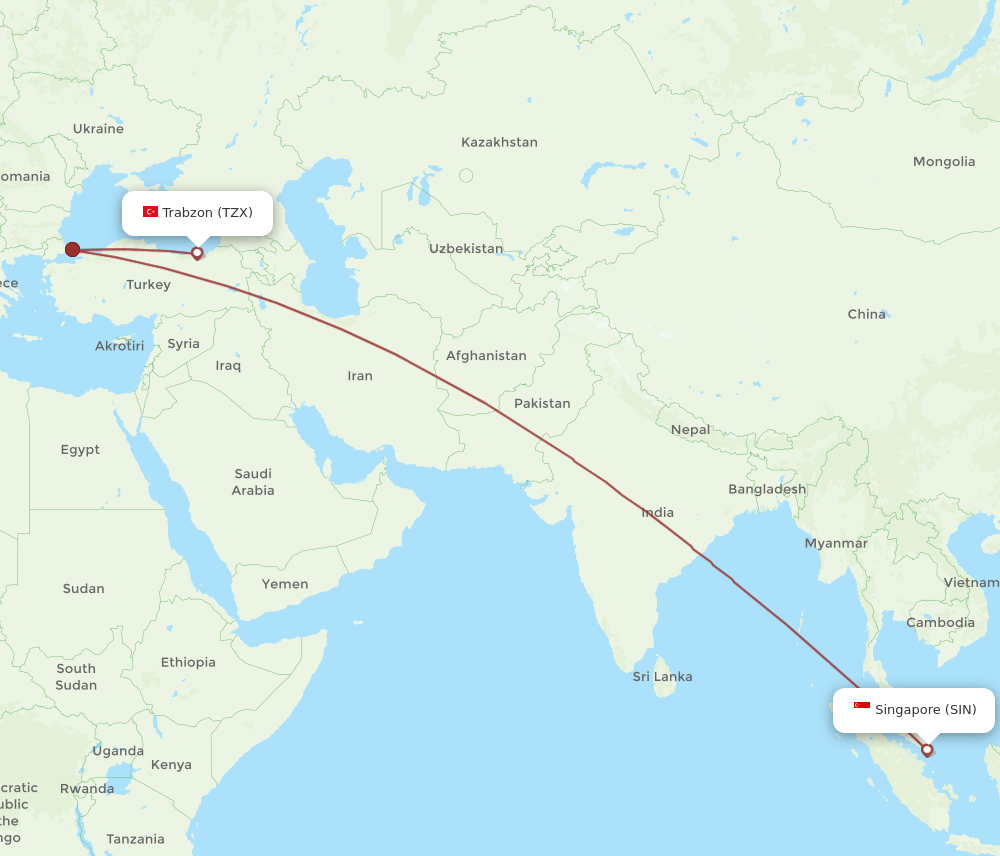 SIN-TZX flight routes