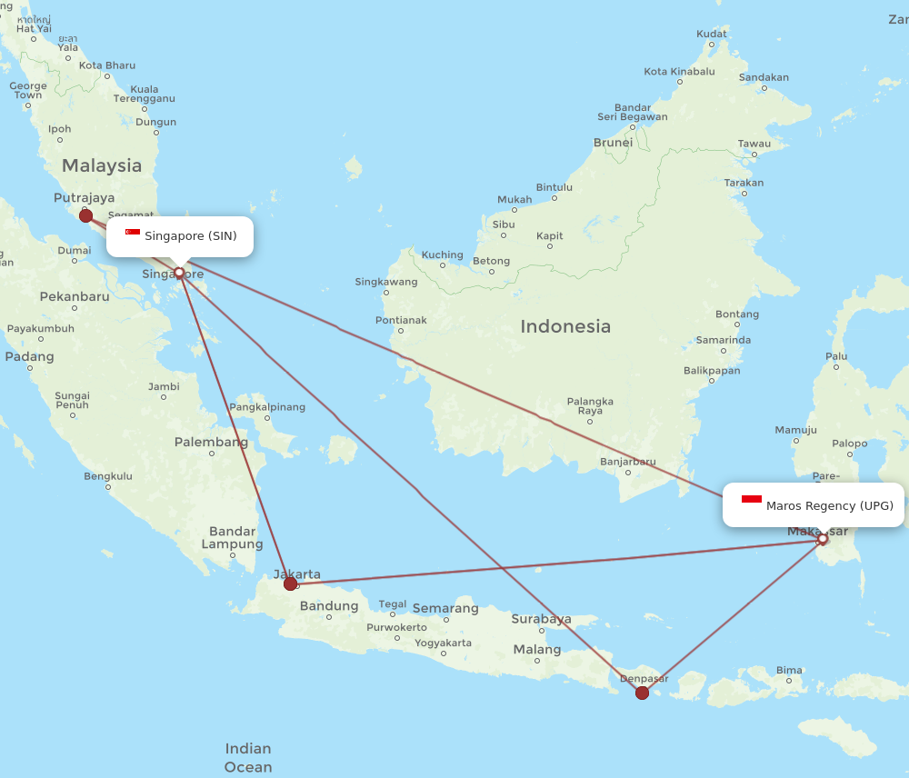 SIN to UPG flights and routes map