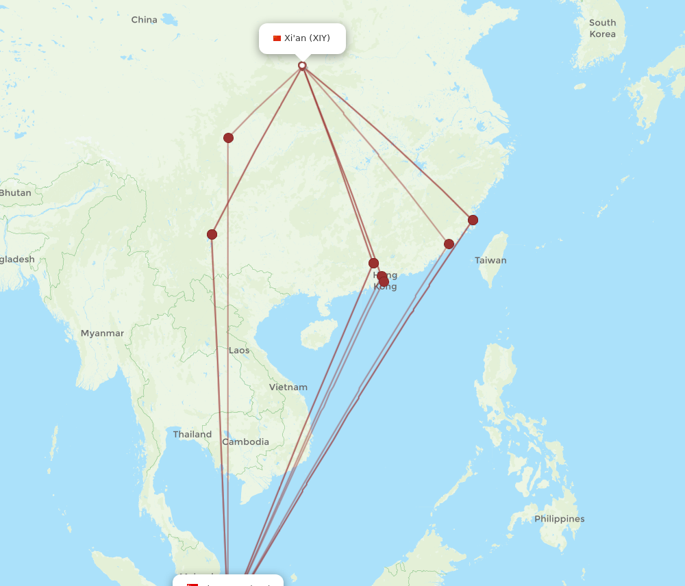SIN to XIY flights and routes map