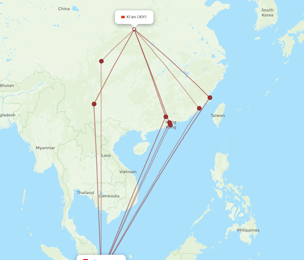 SIN to XIY flights and routes map