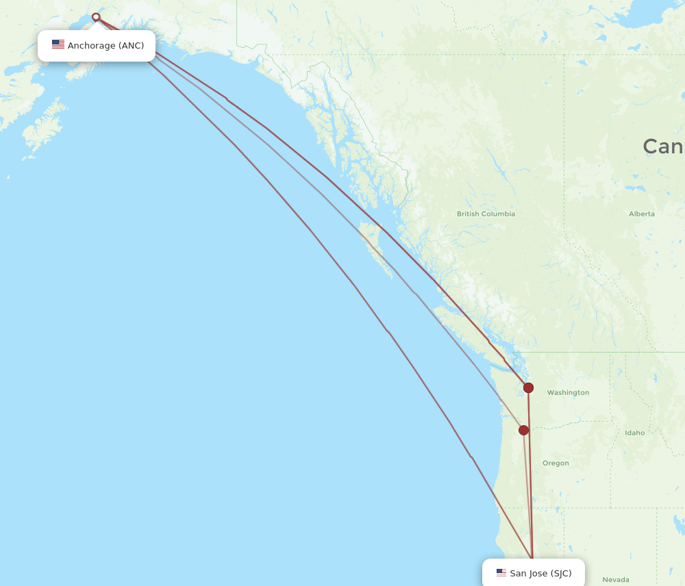 SJC to ANC flights and routes map