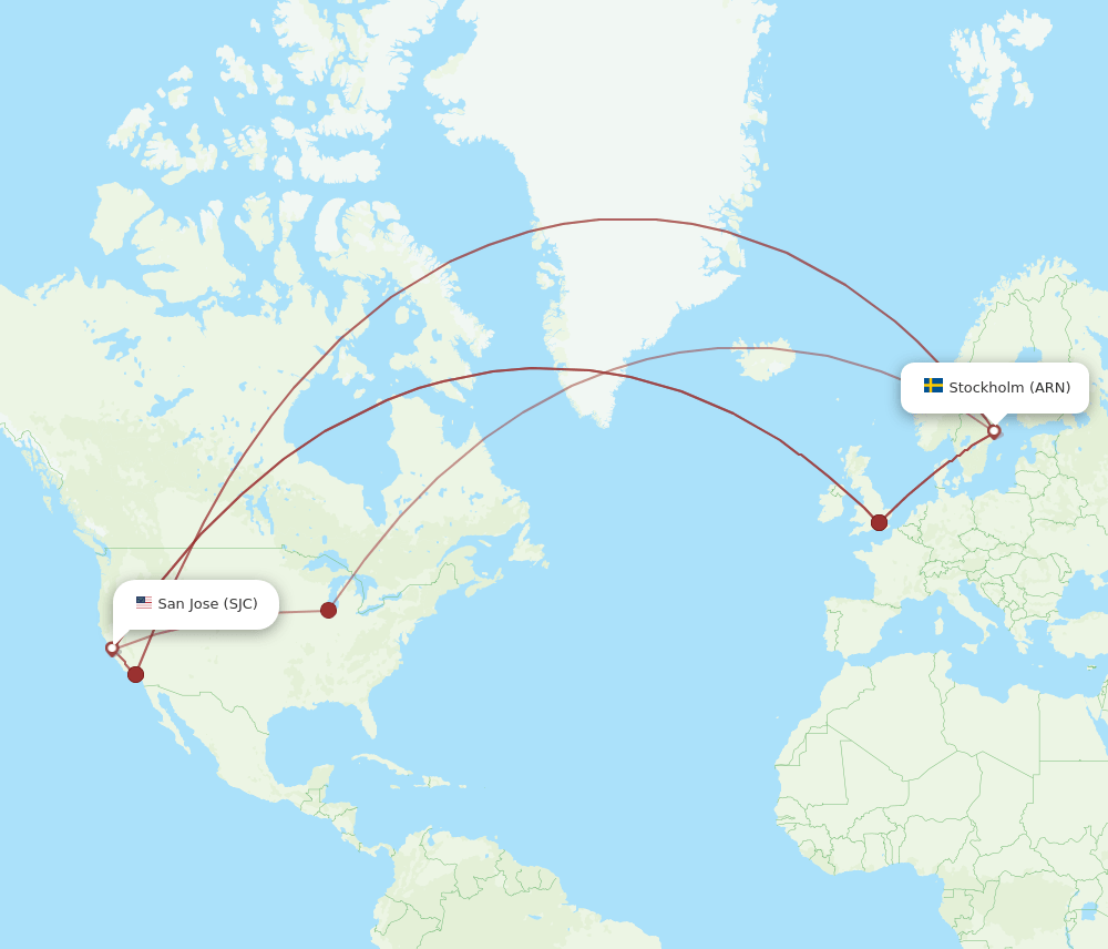 San Jose - Stockholm route map and flight paths