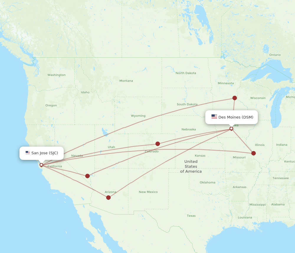 SJC-DSM flight routes