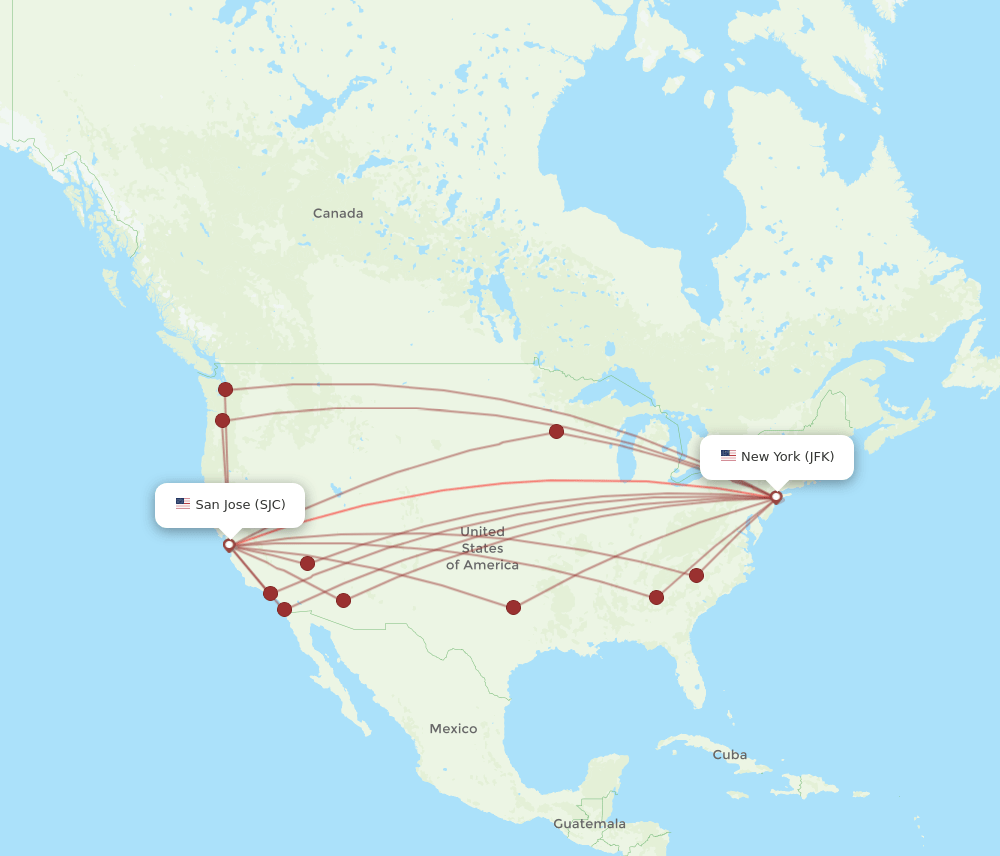 SJC to JFK flights and routes map
