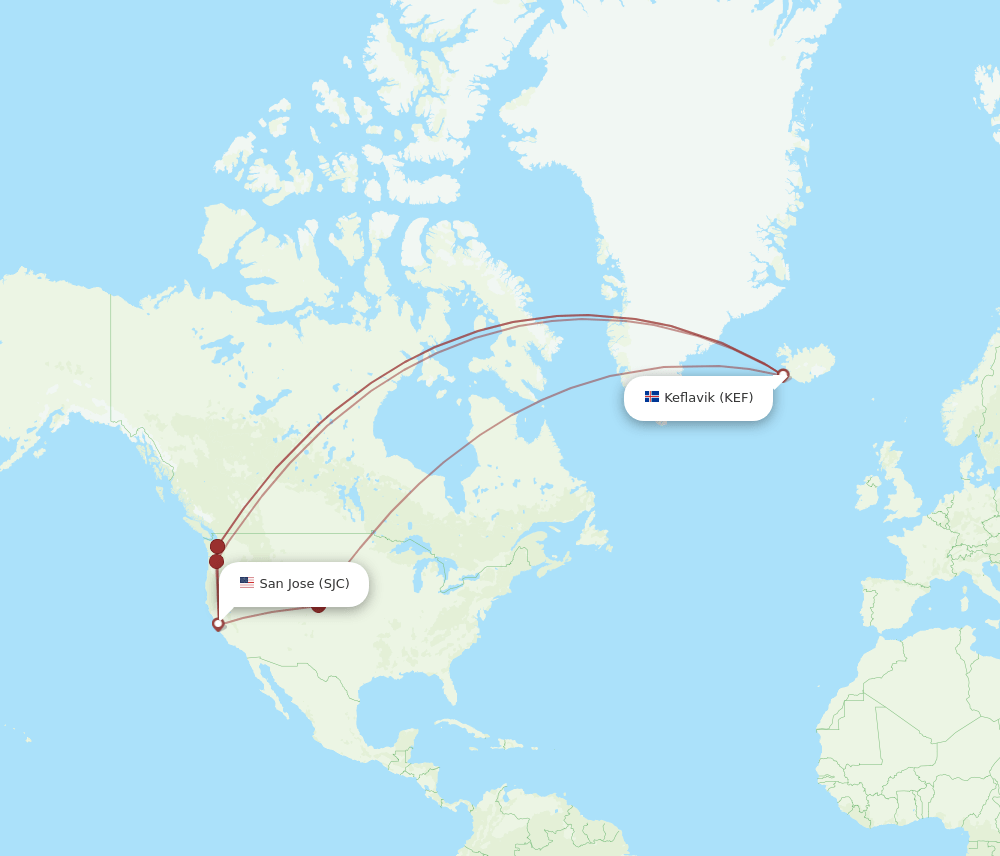 SJC to KEF flights and routes map