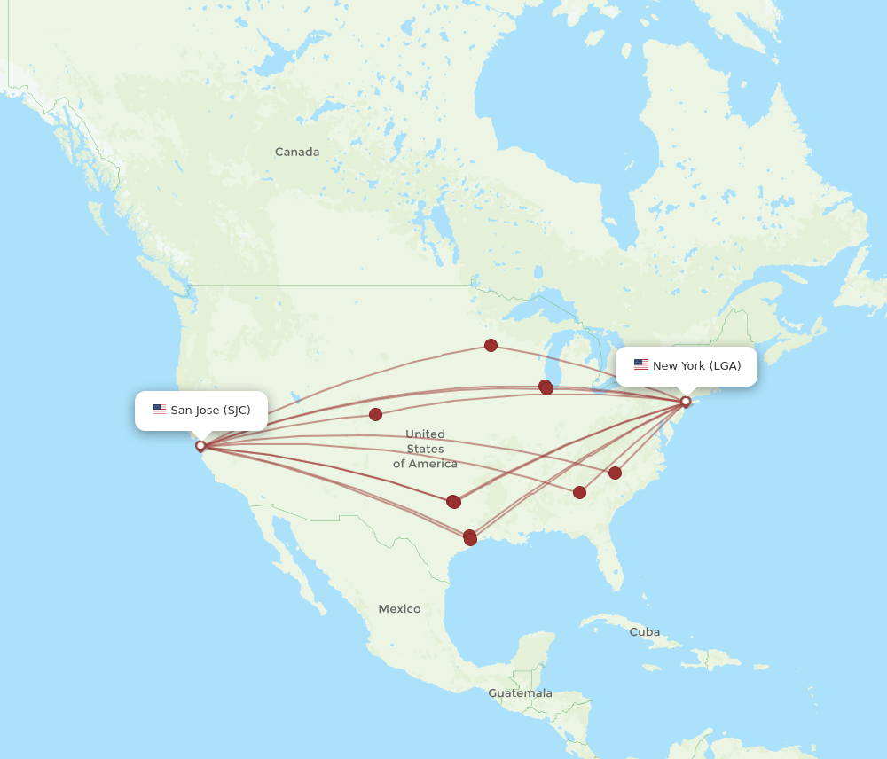 SJC to LGA flights and routes map