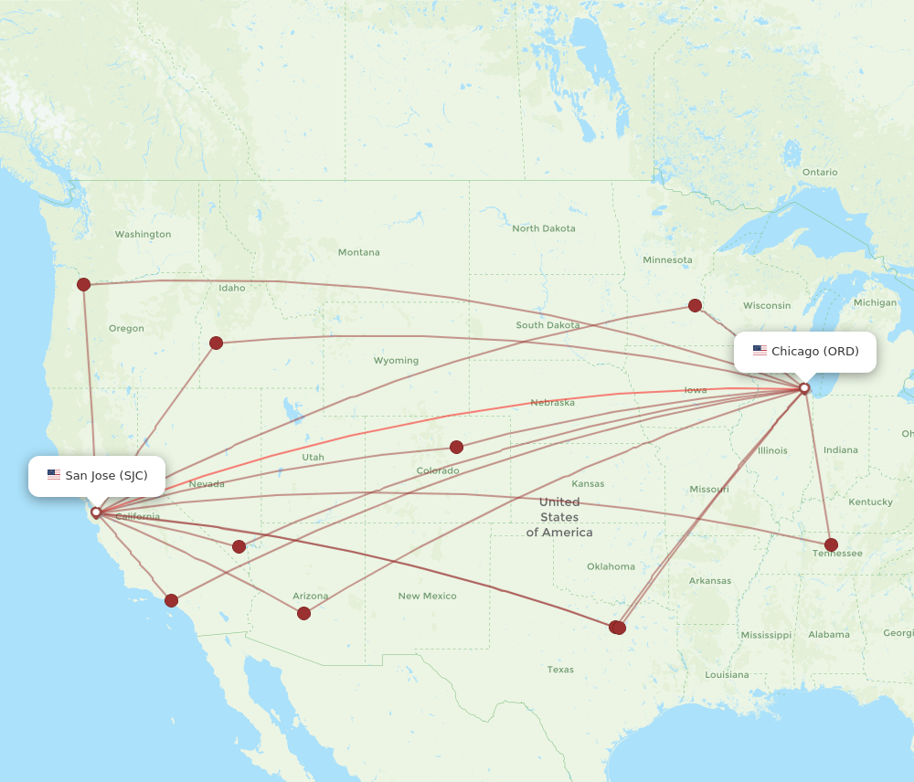 SJC to ORD flights and routes map