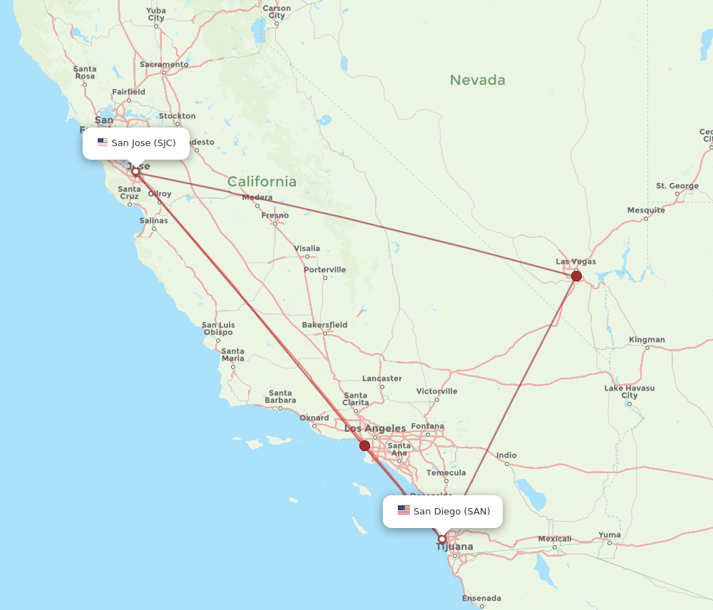SJC to SAN flights and routes map